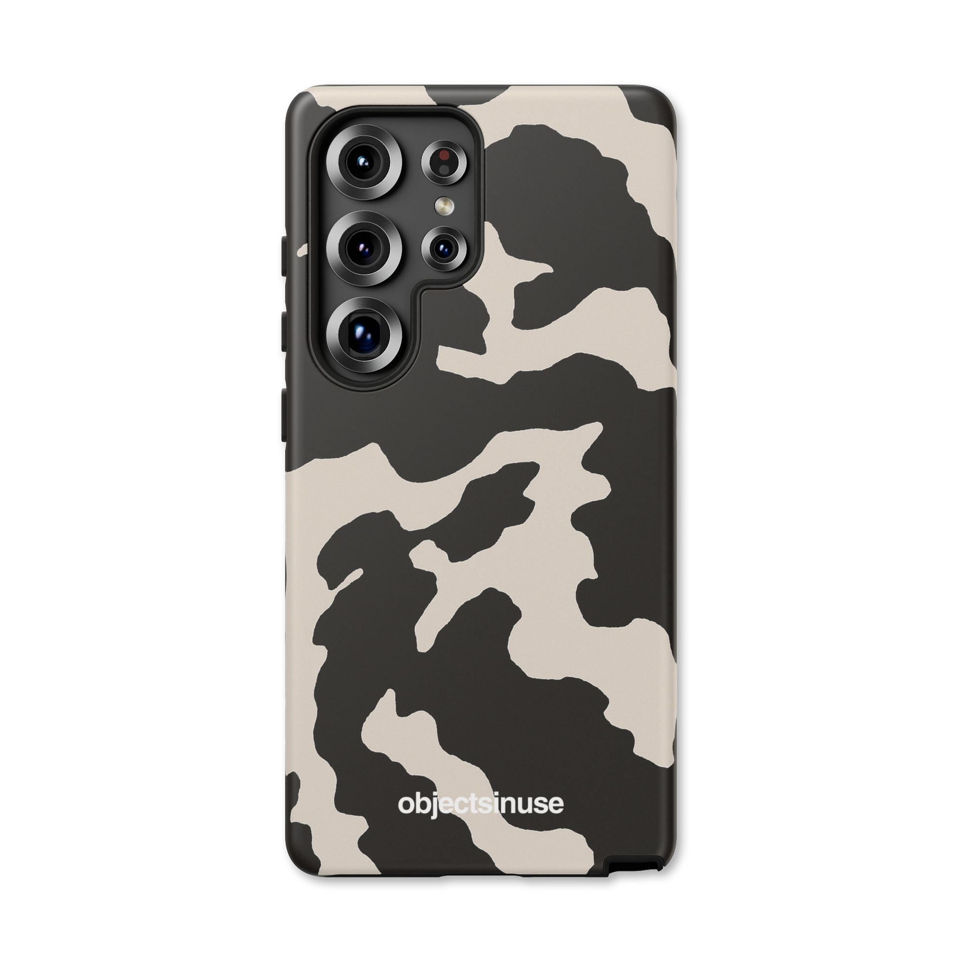 Samsung Galaxy Cute Abstract Art White and Black Camouflage phone case with 'objectinuse' branding on a white background