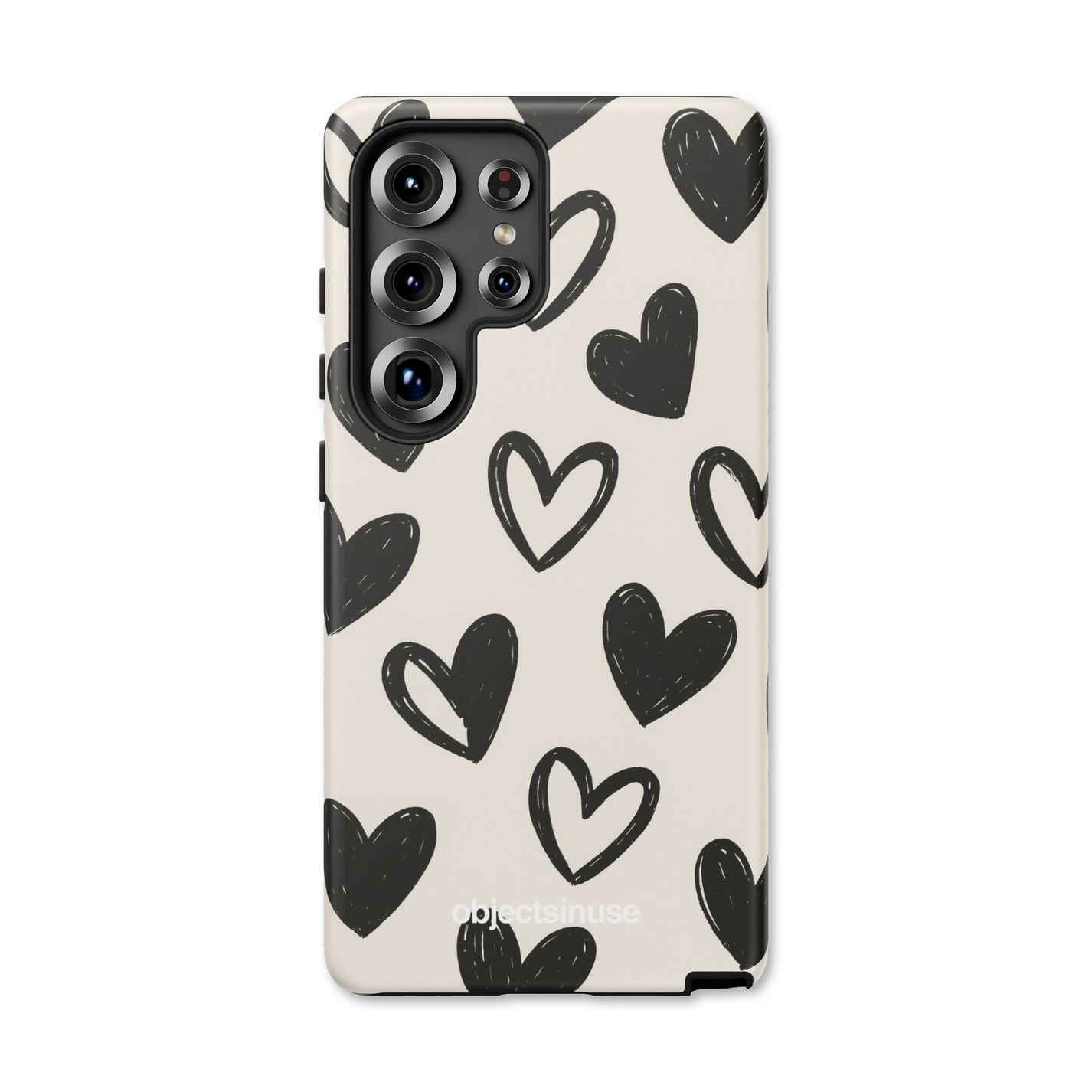 Samsung Galaxy Abstract Art Cute White and Black Phone case with black heart pattern on a white background