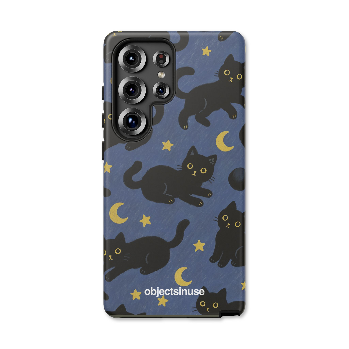 Samsung Galaxy Abstract Cute Art Black Phone case with black cat and moon pattern on a blue background