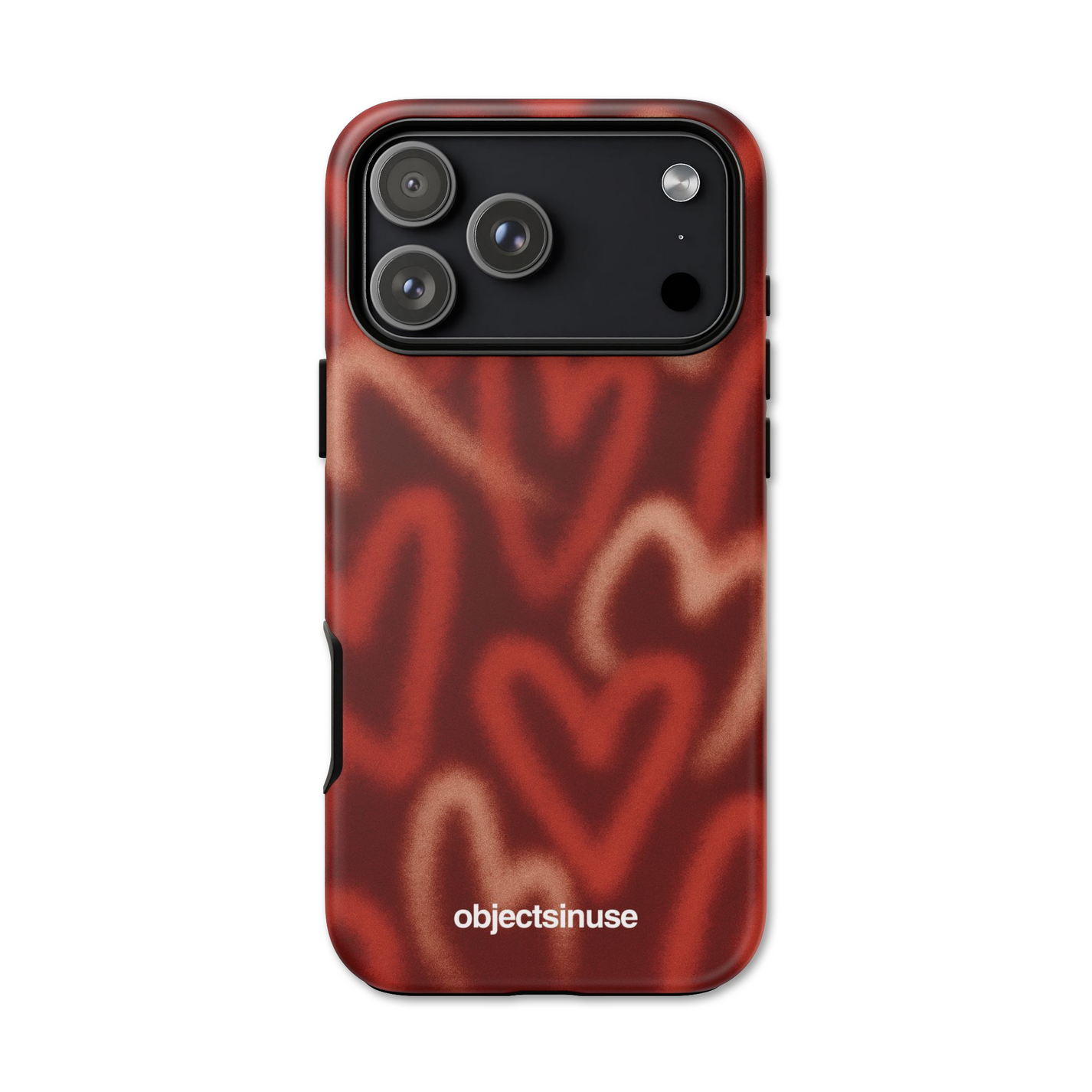 Apple iPhone Cute Abstract Phone case with heart pattern and 'objectsinuse' branding on a white background