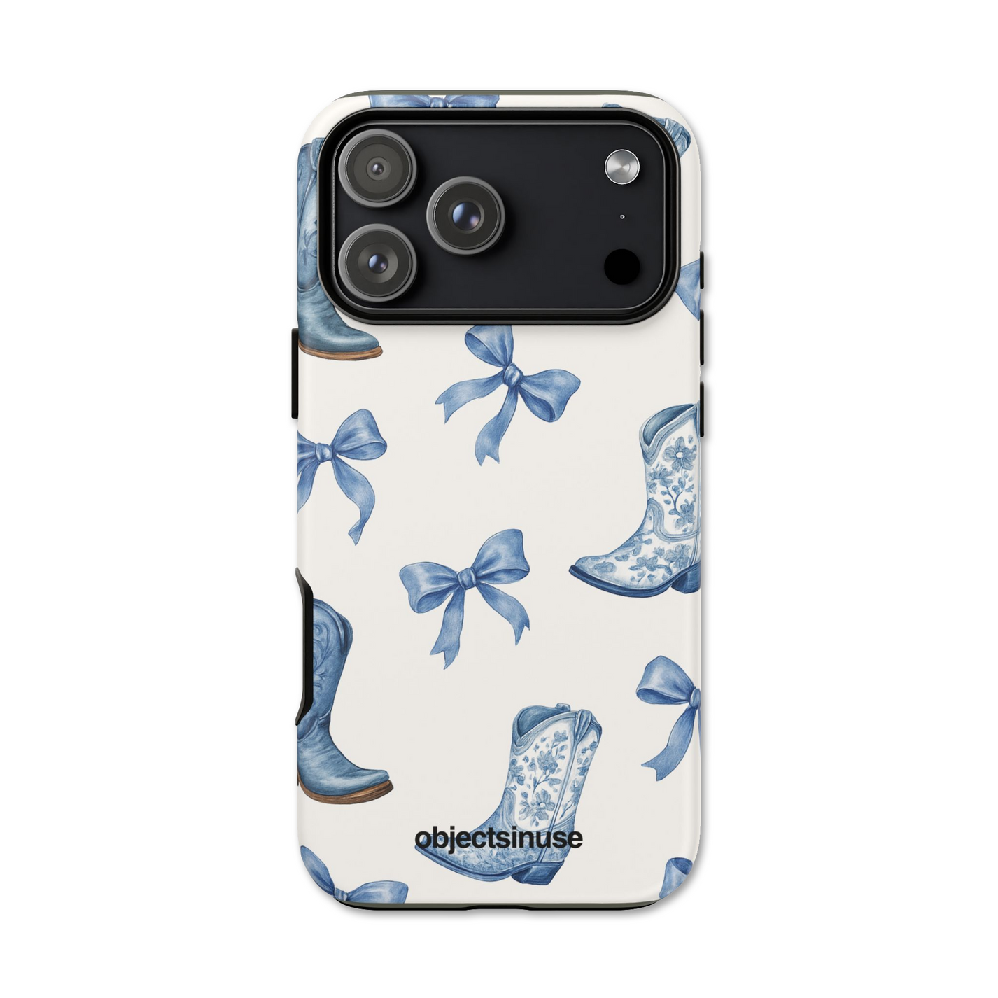 Apple iPhone Cute Phone case with blue cowboy boots and bows design on a white background
