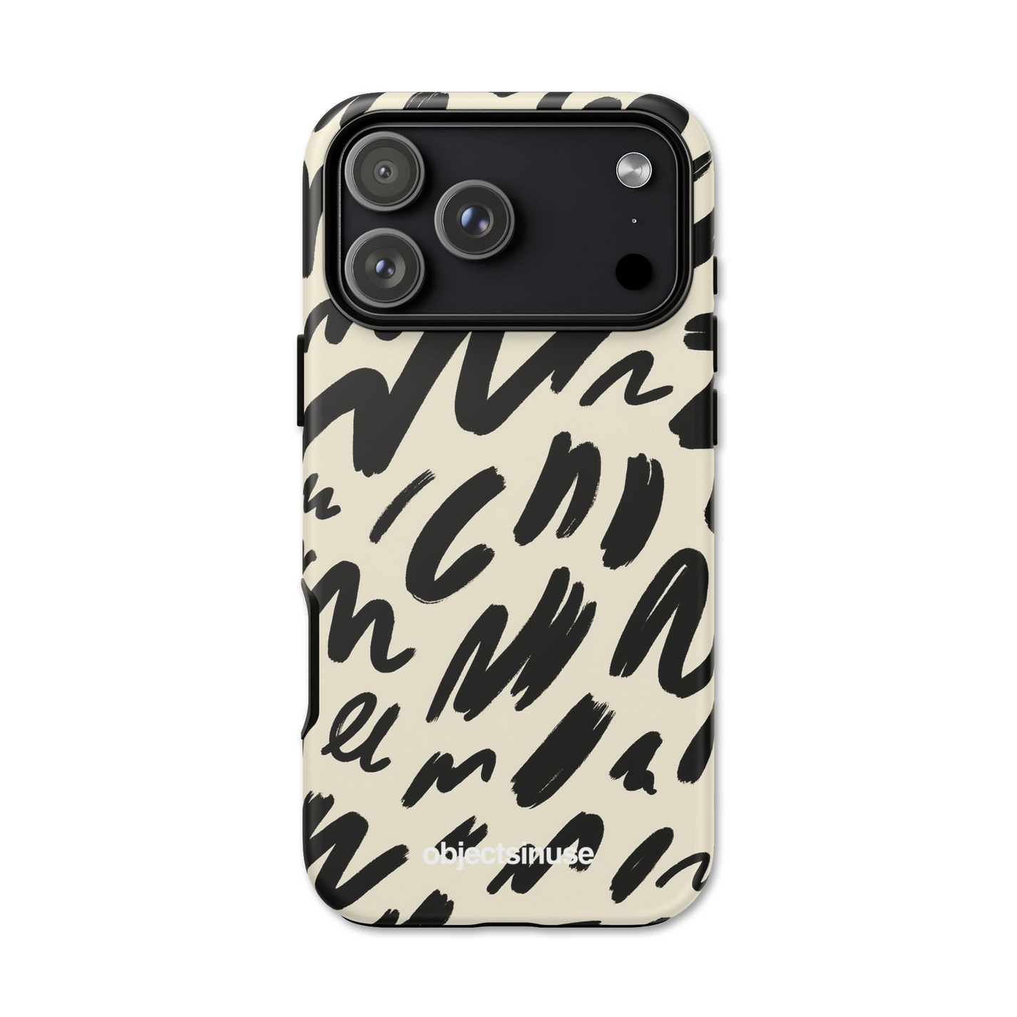 Apple iPhone Cute Abstract White and Black Phone case with black abstract pattern on beige background, brand 'objectsinuse' visible
