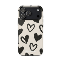 Apple iPhone Cute Abstract Art White and Black Phone case with black heart pattern on a white background
