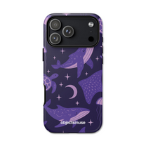 Apple iPhone Dark Black Phone case with purple whale and turtle design on a white background