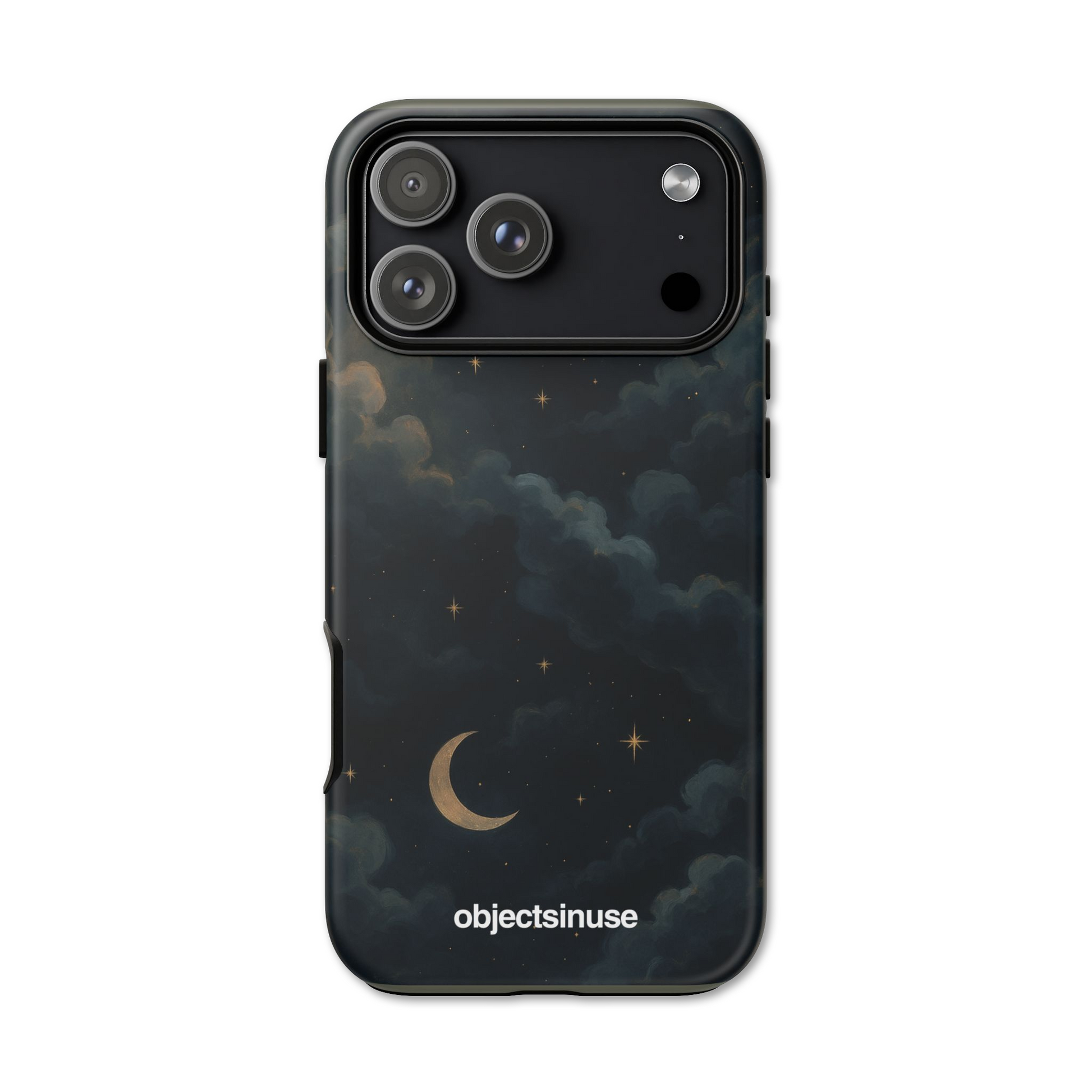 iPhone Apple Black Phone case with celestial design and 'objectsinuse' branding on a white background