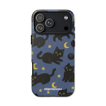 Apple iPhone Cute Black Phone case with black cat and moon design on a blue background
