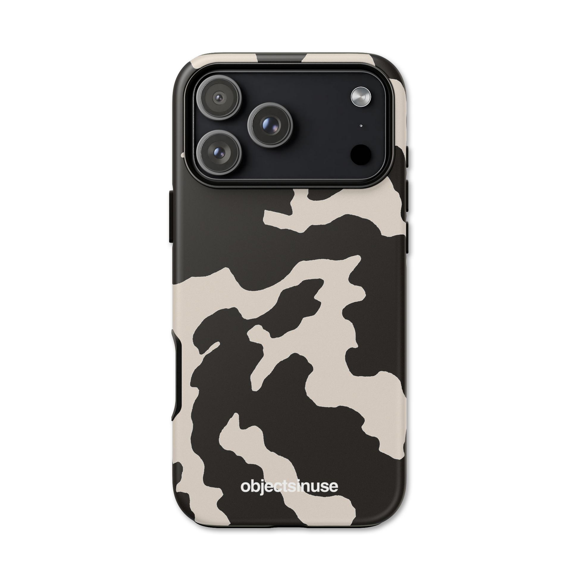 Apple iPhone White and Black Phone case with black and beige camouflage pattern on a white background