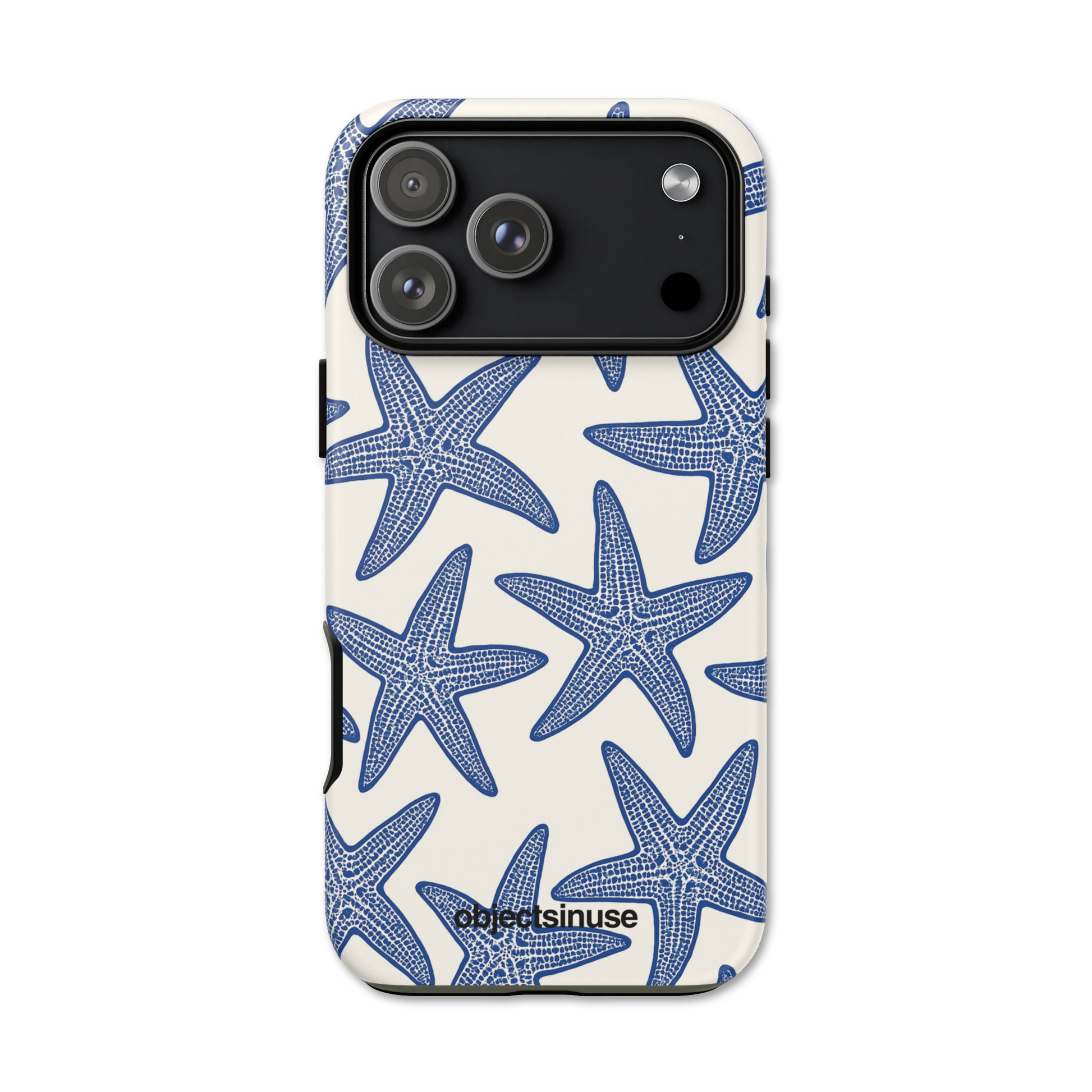 Apple iPhone Phone case with blue starfish pattern on a white background