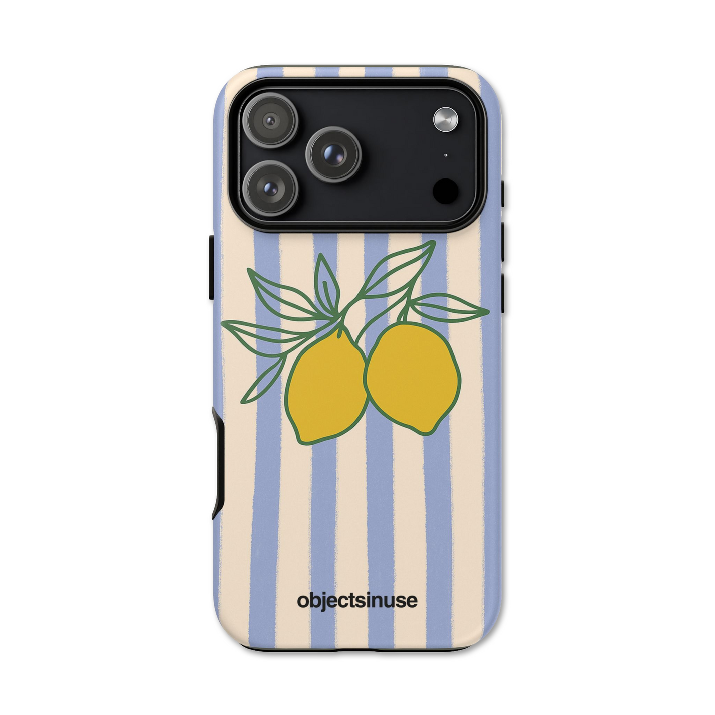 Apple iPhone Black Phone case with lemon design and striped pattern on a white background